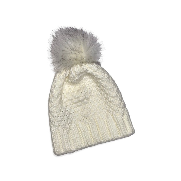EXPRESS Ivory Cable Knit Beanie Hat with Pom Pom - Picture 3 of 6